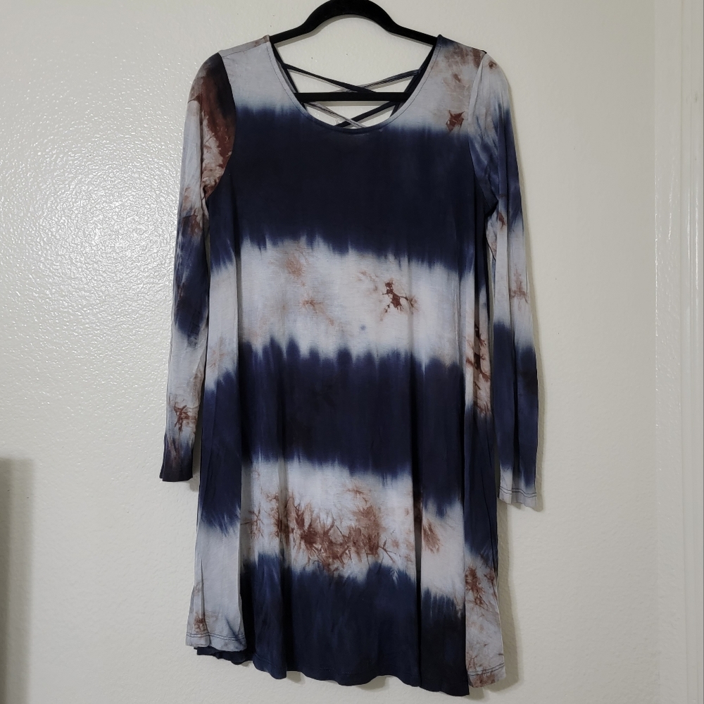 By Together You & I Blue Brown Tie Dye Criss Cross Fall Weight Dress Womens Sz M